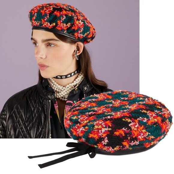 GUCCI BERET CHECK LAME TWEED WOOL BLEND HAT w G LOGO $610 sz S 56cm main image 8
